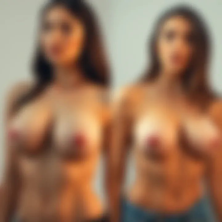 A side-by-side comparison of two women with large breasts, showing one pair that is firm and another that is slightly sagging, highlighting differences in appearance.