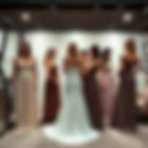 A group of bridesmaids trying on low-cut and off-the-shoulder dresses in a fitting room, showcasing diverse sizes and styles.