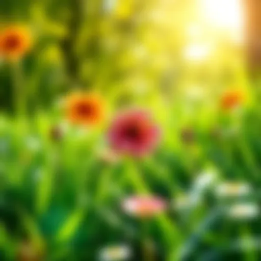 A sunny morning scene with vibrant green grass and blooming flowers, symbolizing happiness and freshness.