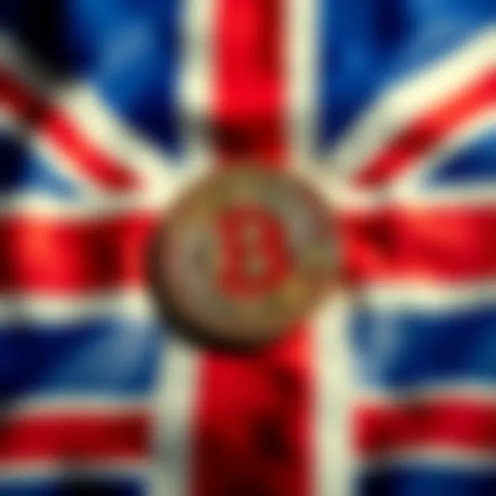 British flag with Bitcoin symbol A British flag background featuring a prominent Bitcoin symbol in the center, representing the possible British origins of Satoshi Nakamoto.