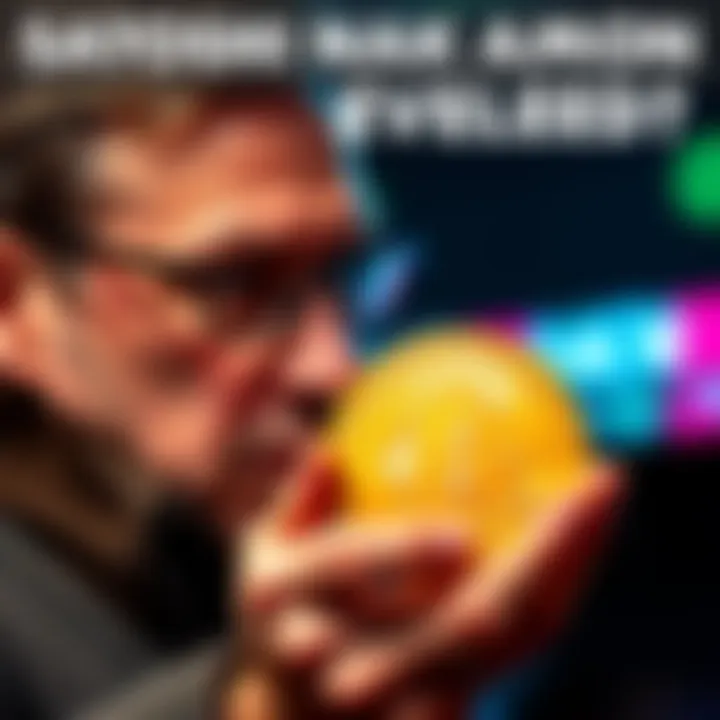 A British man with glasses, holding a gold Bitcoin in one hand and looking thoughtful.