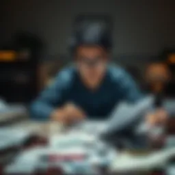 A person looking distressed while reviewing bills and financial papers at a cluttered table, symbolizing financial struggles and disappointment.