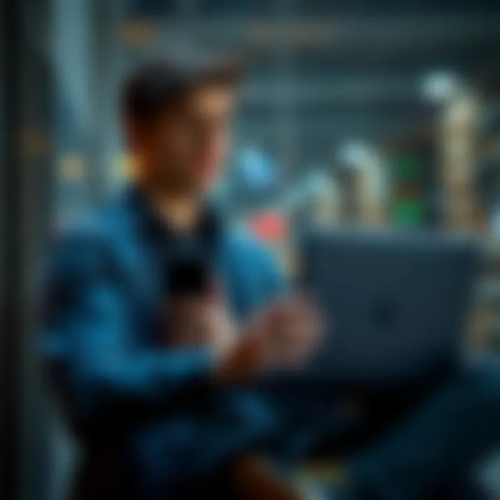 A person trying to access a smartphone showing a black screen, looking worried while holding a laptop to transfer data.