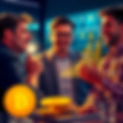 A man confidently shares advice about investing in Bitcoin with his family, showcasing a graph of Bitcoin's rising value