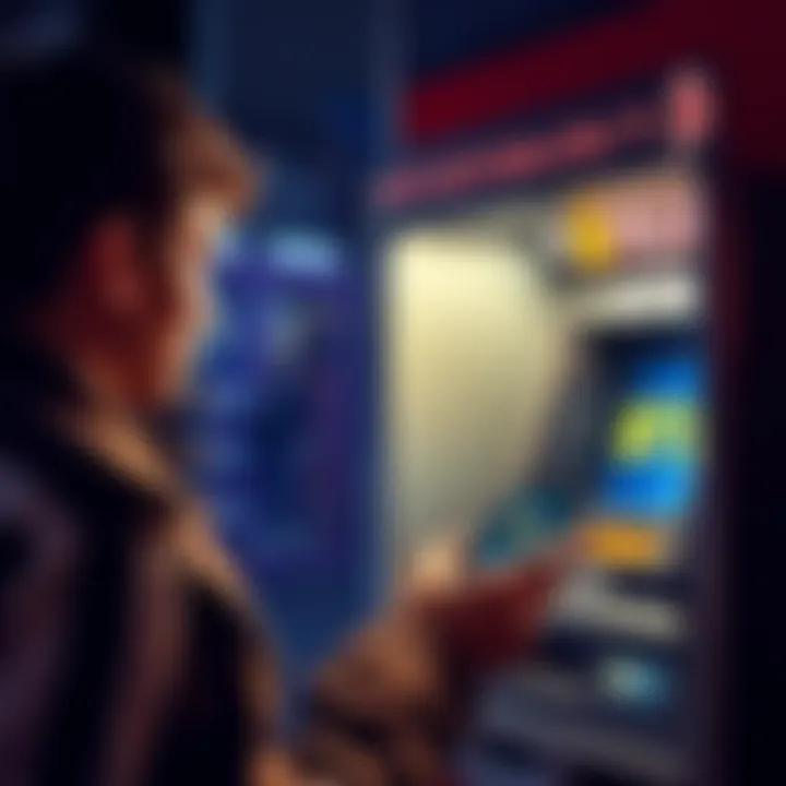 A person at a Bitcoin ATM with a burner phone in hand