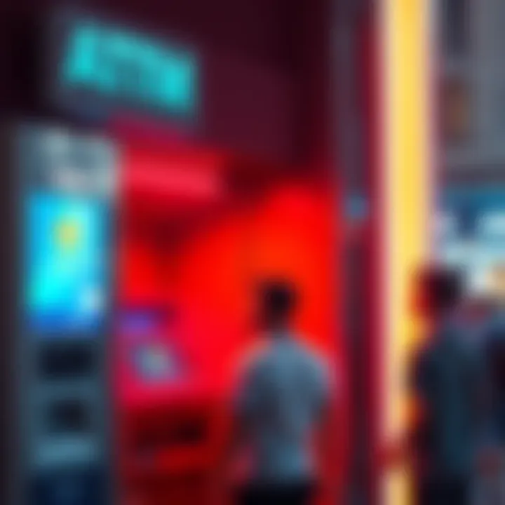 A BTC ATM showing a screen with a loading message while a customer stands nearby looking concerned