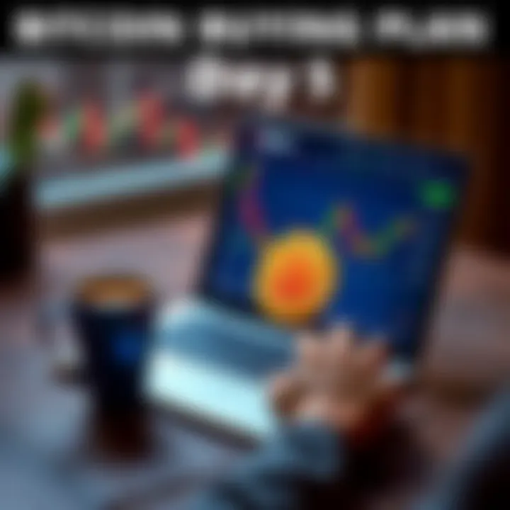 A person analyzing Bitcoin prices on a laptop with a coffee cup beside them, representing day 5 of a Bitcoin buying plan.