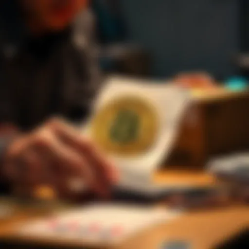 Person preparing Bitcoin cash sale documents and parcel for mailing