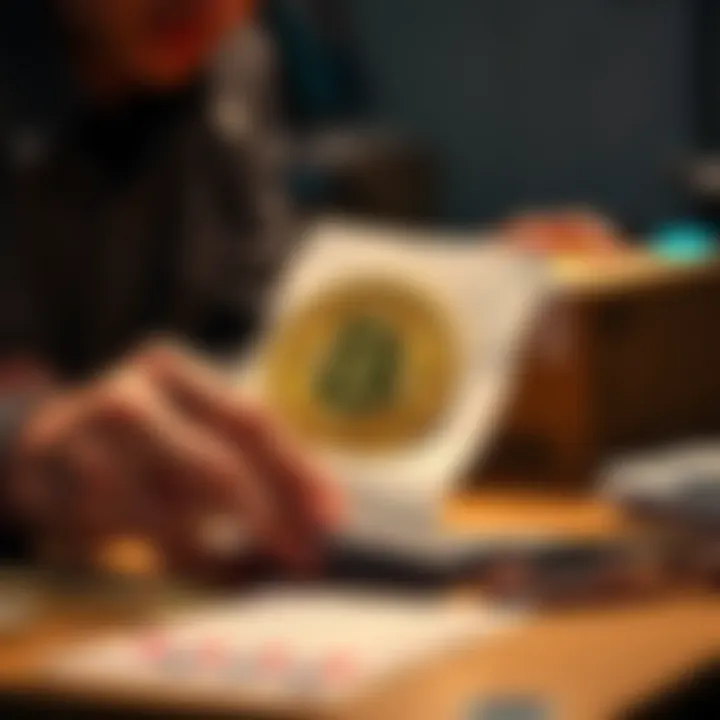 Person preparing Bitcoin cash sale documents and parcel for mailing