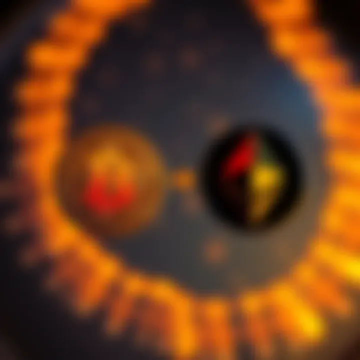 Bitcoin and Ethereum logo exchange Two arrows showing the exchange between Bitcoin and Ethereum logos