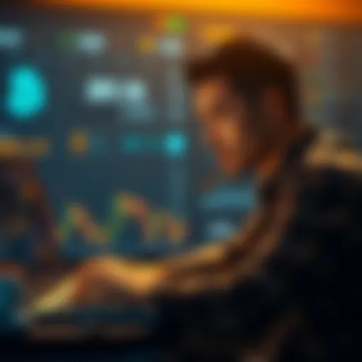 Individual studying a Bitcoin price chart on a laptop, appearing uncertain about investment decisions