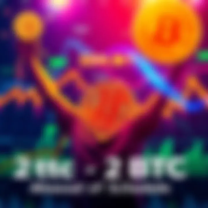 Person celebrating reaching 2 BTC with a chart showing rising prices