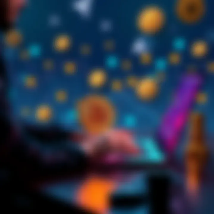 Understanding BTC Staking A person analyzing Bitcoin staking options on a laptop, with cryptocurrency icons in the background.