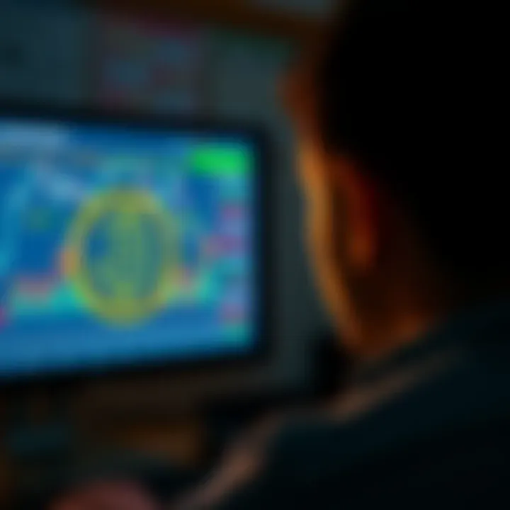 A person looking at a computer screen displaying Bitcoin and Monero logos with graphs and exchange values.