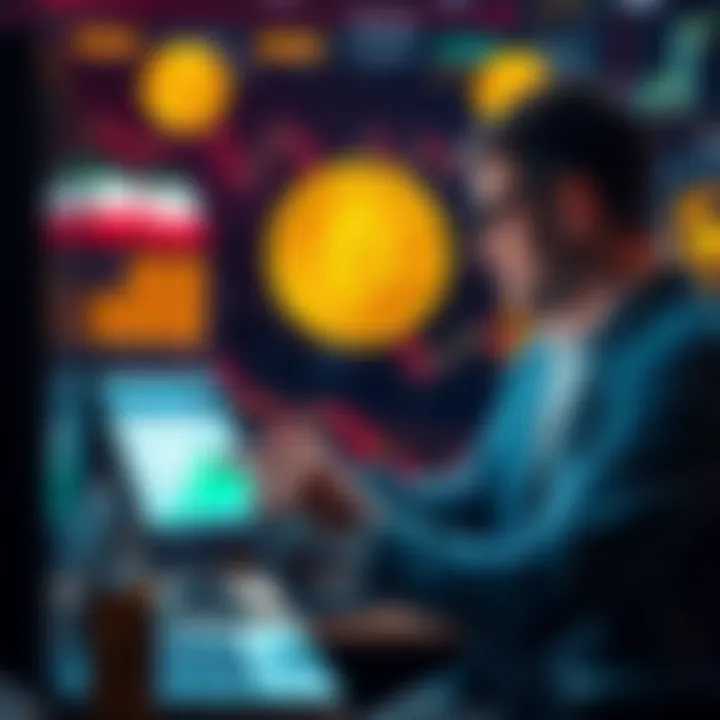 A trader analyzing charts with Bitcoin logos and symbols of gold and oil in the background, reflecting market volatility due to US-Iran tensions.