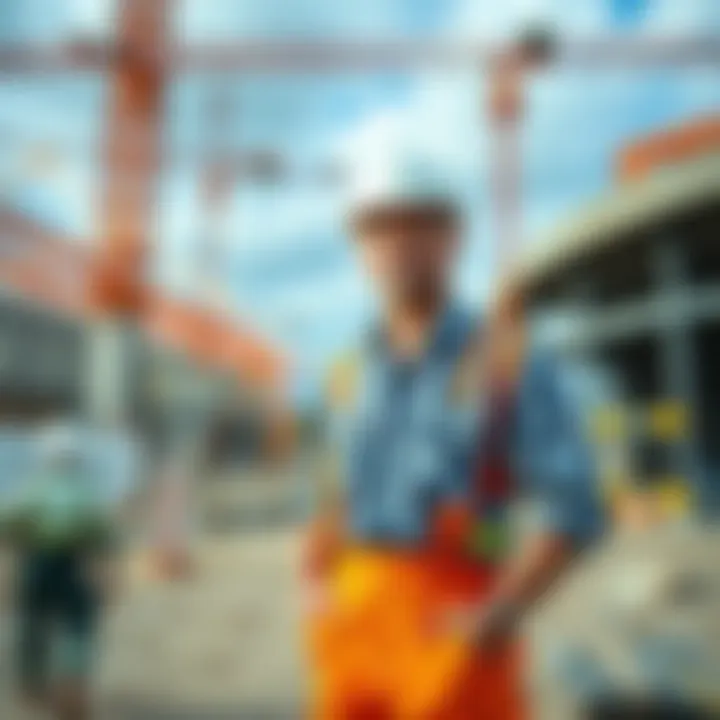 A builder standing confidently in front of a construction site, showcasing a transparent operation with open communication boards.