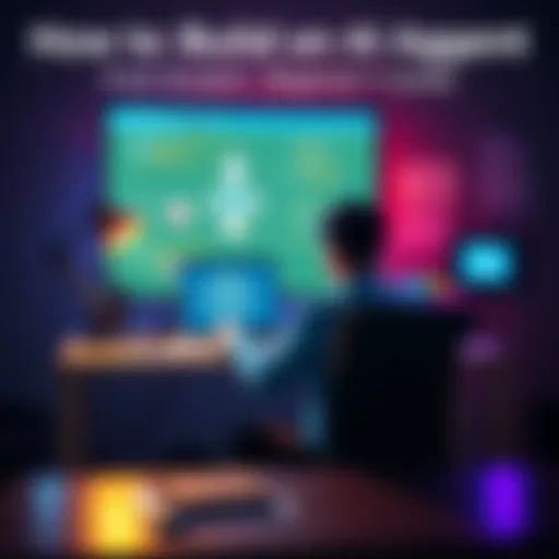 A person sitting at a desk with a laptop, programming an AI agent on screen, surrounded by notes and tech gadgets.