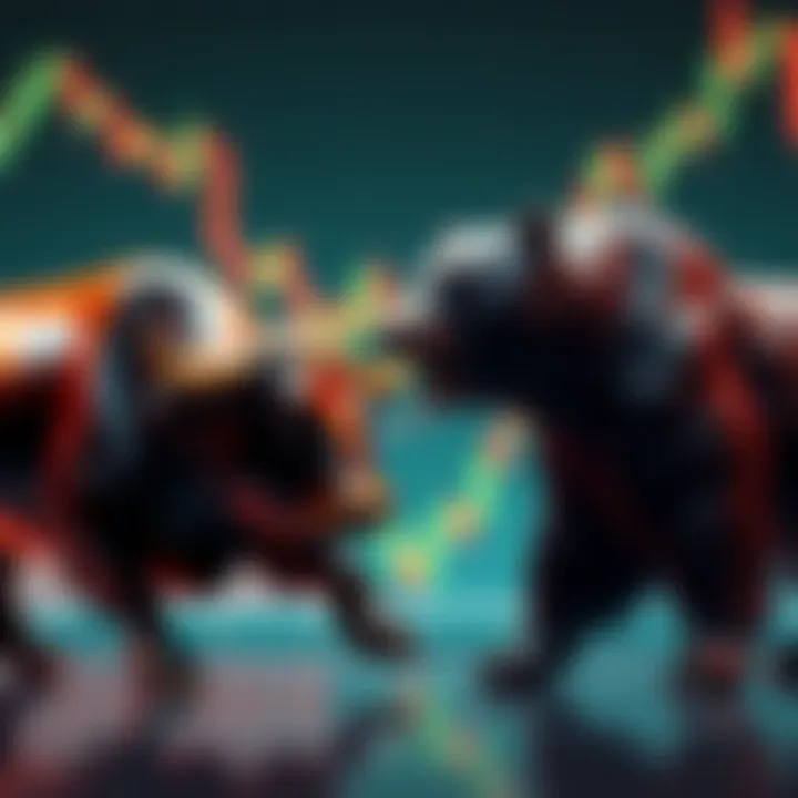 A bull and bear representing market trends, with a bull symbolizing rising prices and a bear symbolizing falling prices, set against a financial chart background.