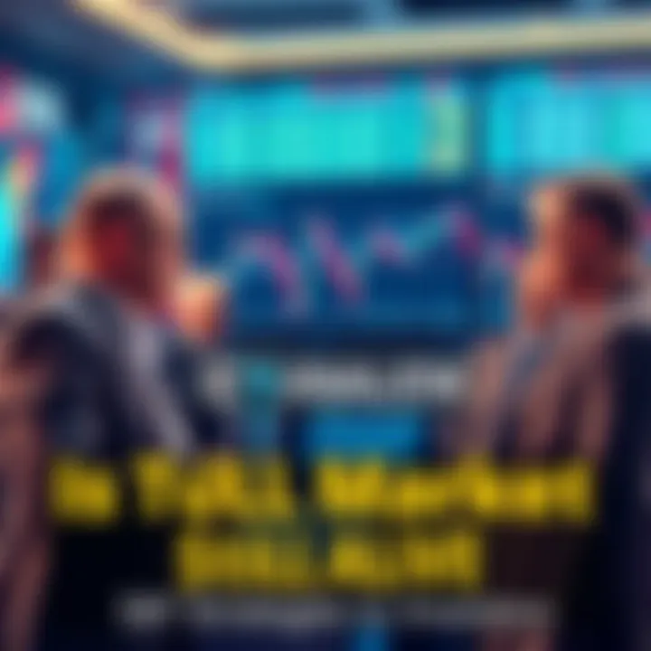 A group of investors looking at stock market graphs, discussing whether to hold or sell their assets.