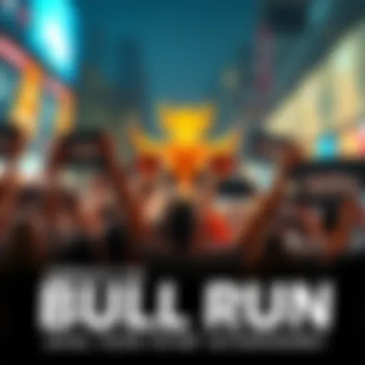 A group of people celebrating a bull run in the market, holding signs and cheering with a bull symbol in the background.