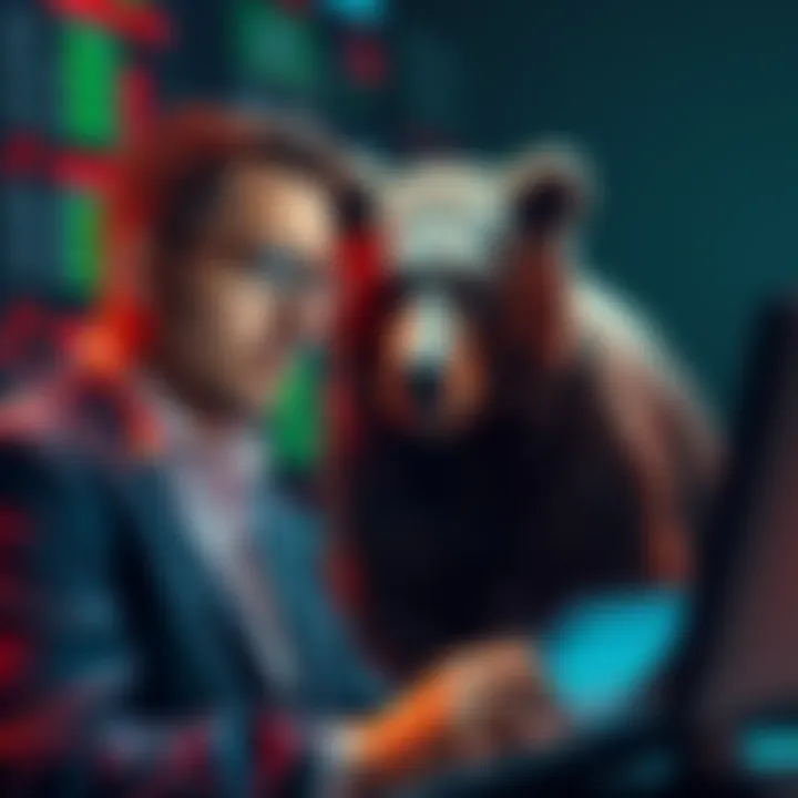 A trader looking at stock charts with a confused expression while a bear figure approaches from behind, representing the bull trap concept in the market.