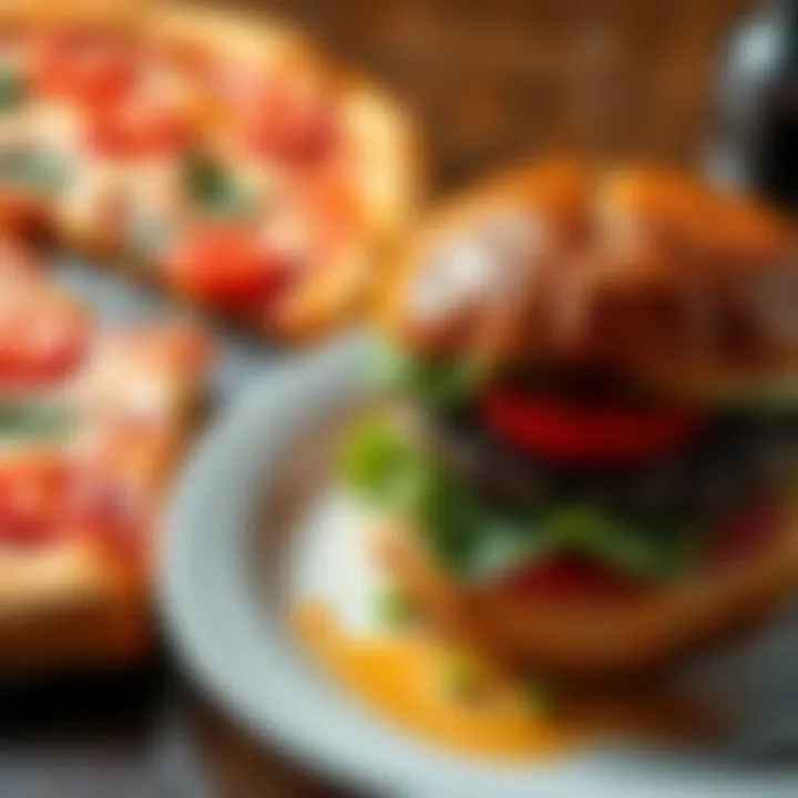 Burger on a plate next to a slice of pizza A juicy burger on a plate beside a slice of pizza, showcasing the transition from pizza to burgers for a tasty meal.