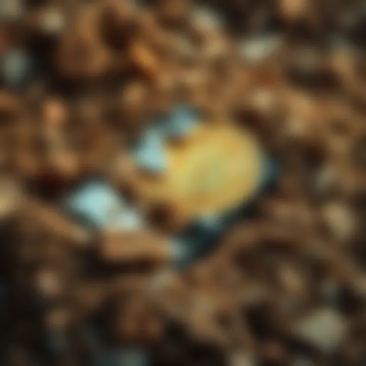 Buried Bitcoin in a Landfill A hard drive surrounded by dirt and rubble in a landfill, symbolizing lost Bitcoin worth $800 million.