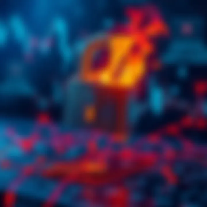 Illustration of a digital lock being set on fire, symbolizing the burning of admin keys in DeFi protocols, with a backdrop of blockchain graphics.
