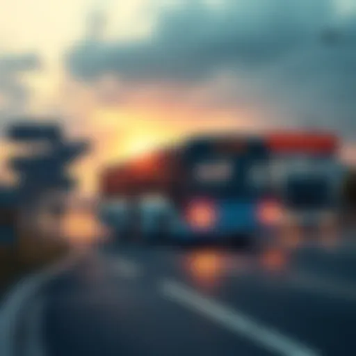 A bus travels on a road surrounded by signs indicating various possible future destinations, symbolizing options and choices ahead.