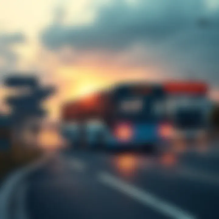 Bus on a road with signs pointing in different directions A bus travels on a road surrounded by signs indicating various possible future destinations, symbolizing options and choices ahead.