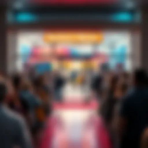 Crowd of excited people gathered outside a new business location, ready for the grand opening event.