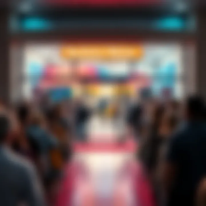 Business Launch Celebration Crowd of excited people gathered outside a new business location, ready for the grand opening event.