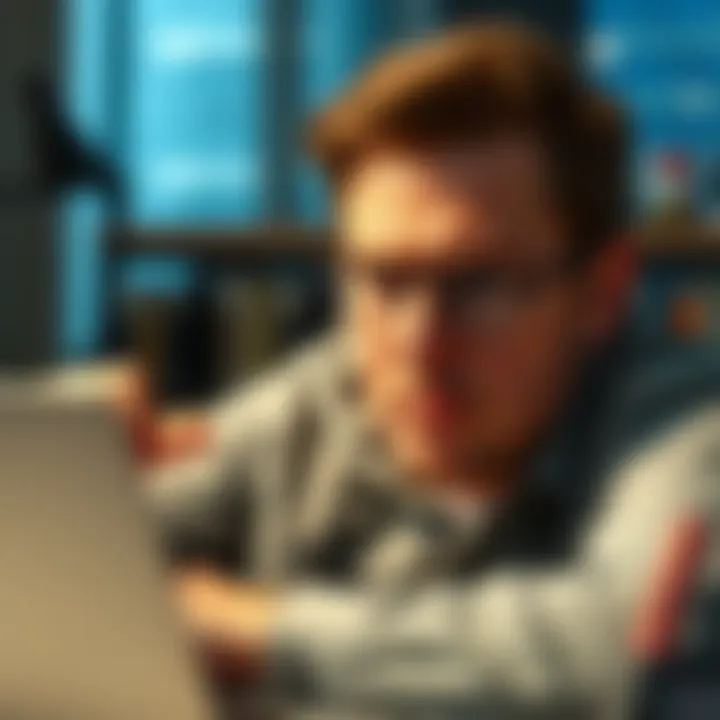 A business client looking worried as Revolut holds payment, showing frustration on their face, with a laptop and documents in the background.