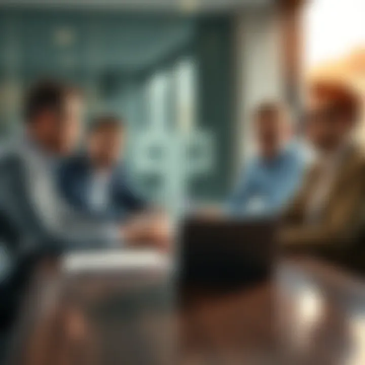 Business people discussing blockchain solutions A group of business professionals, including John Nahas and Matt Hougan, engaged in a discussion about customized blockchain solutions. They are seated at a conference table with laptops and documents...