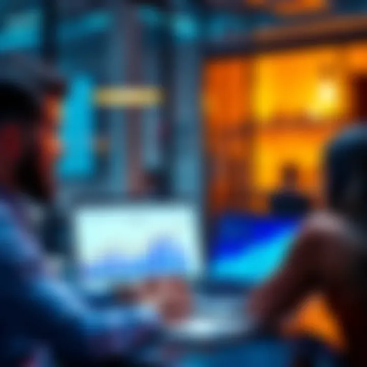 A business owner discussing the benefits of accepting cryptocurrencies in a meeting, showing graphs of revenue growth on a laptop screen.