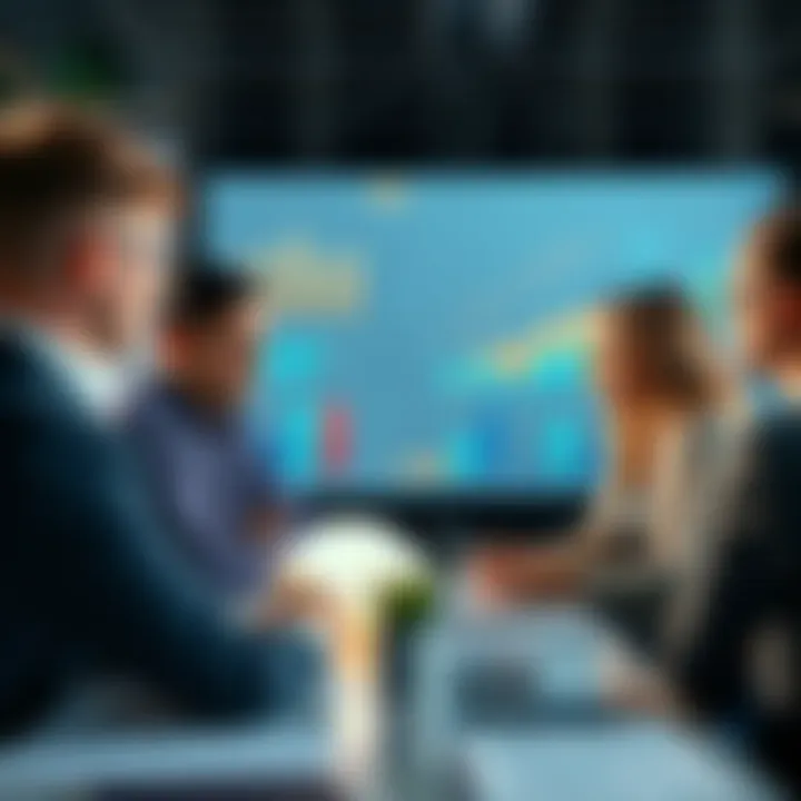 A group of professionals brainstorming and discussing strategies to improve online conversion rates, with graphs and charts on a screen