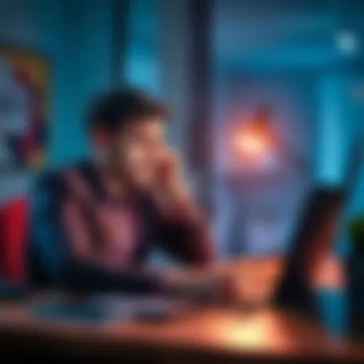 A worried business owner sits at a desk, looking at a laptop with an account suspension notice visible on the screen, highlighting money management issues.