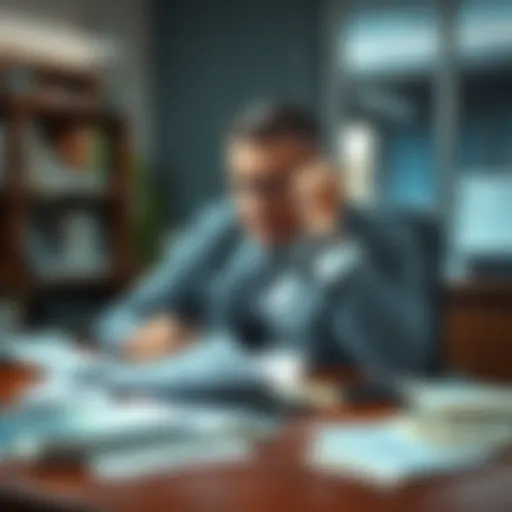 A worried business owner sits at a desk with bills and loan papers scattered around, showing signs of stress as he contemplates his financial struggles.