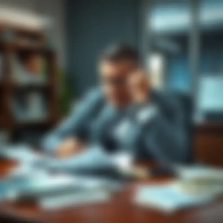 A worried business owner sits at a desk with bills and loan papers scattered around, showing signs of stress as he contemplates his financial struggles.