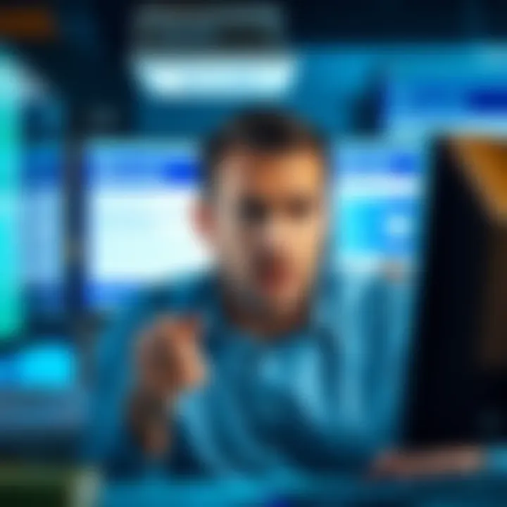 A distressed business owner looks at a computer screen showing frozen bank account notifications, with a look of concern about potential bankruptcy.