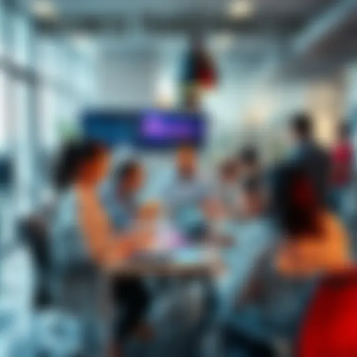 Business Transformation with Avalanche A diverse group of people collaborating around a table with digital devices, showcasing innovative ideas and technology in a bright office space.