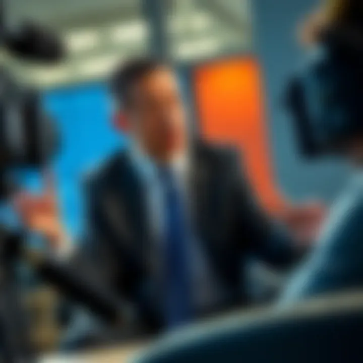 A businessman in a suit speaking during an interview, emphasizing his points with hand gestures, while sitting in front of a camera. He appears confident yet tense, highlighting a serious discussion a...