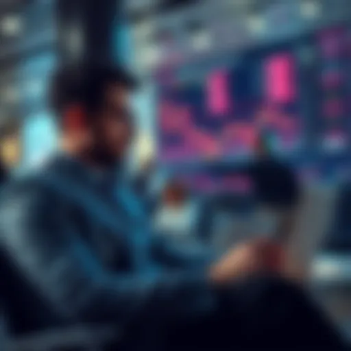 A busy person in professional attire looking at crypto charts on a laptop while holding a coffee cup