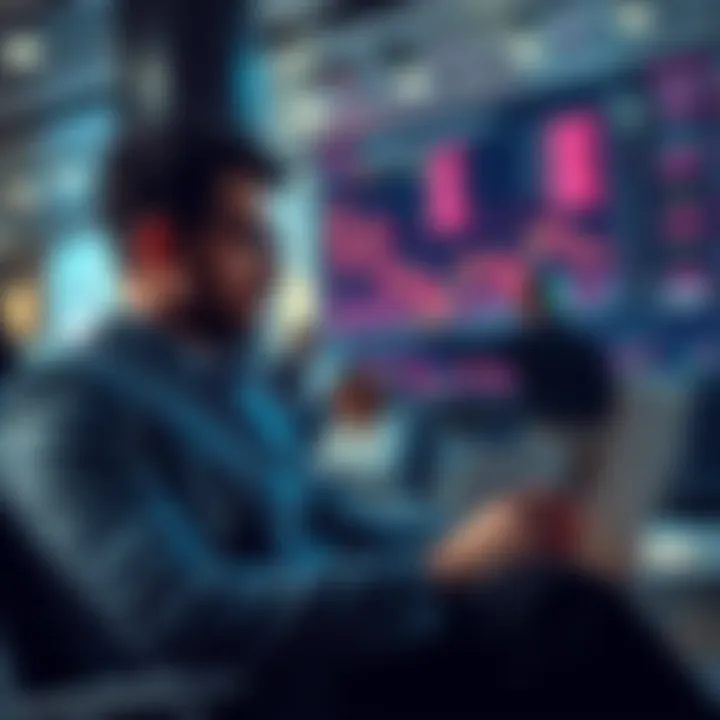 Busy professional trading crypto A busy person in professional attire looking at crypto charts on a laptop while holding a coffee cup
