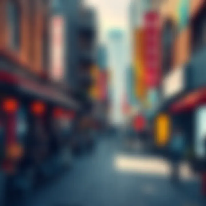 A vibrant urban street in 2026, filled with people enjoying outdoor cafes and modern architecture