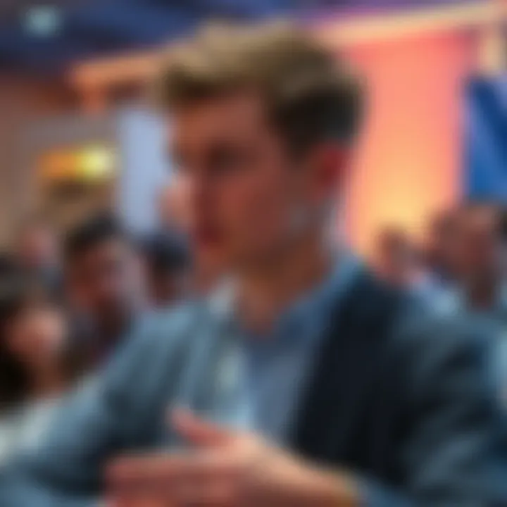 Vitalik Buterin speaking at a conference, expressing concerns over location features in crypto applications, with a worried audience in the background.