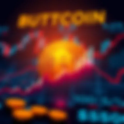 A graphic showing the ups and downs of Buttcoin's value on a financial chart against a backdrop of economic indicators like dollar signs and graphs.