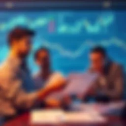 A group of investors studying financial charts and graphs related to Buttcoin, discussing the potential for future gains based on past performance.