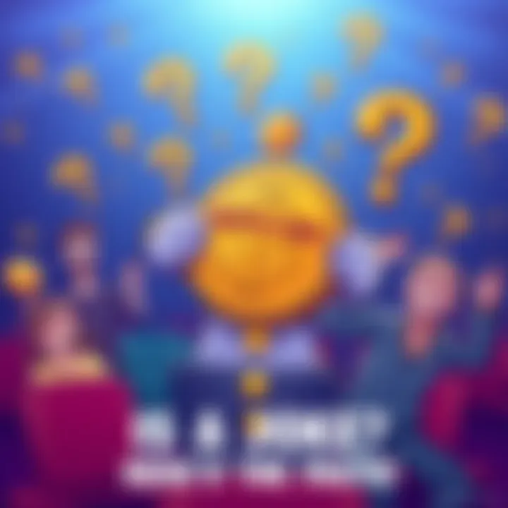 A cartoonish character holding a coin labeled Buttcoin, surrounded by laughing people and question marks, symbolizing humor and skepticism in cryptocurrency