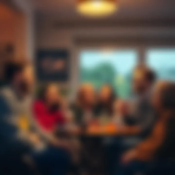 A group of people humorously discussing Buttcoiners' ideal living situations, showcasing laughter and lively conversation in a cozy setting.